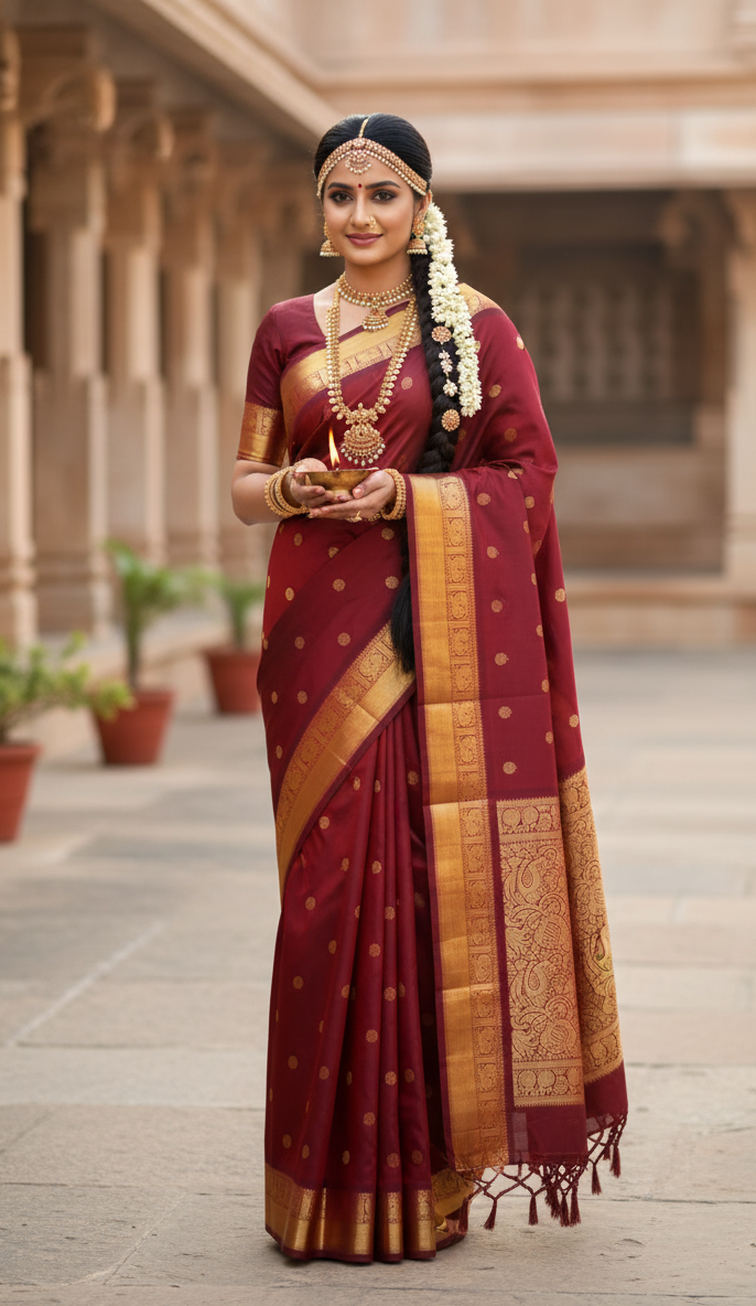 Maroon Kanchipuram Handloom 3G Pure Gold Pattu Silk Korvai Saree
