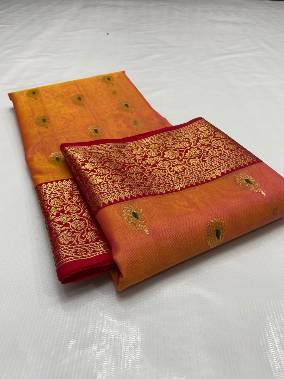 Orange Chanderi Handloom Katan Silk Nakshi Meenakari Saree