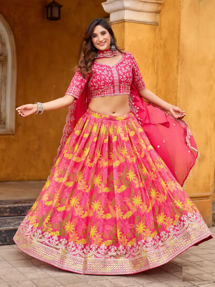 Hot Pink Taby Silk Lehenga with Floral Print & Embroider