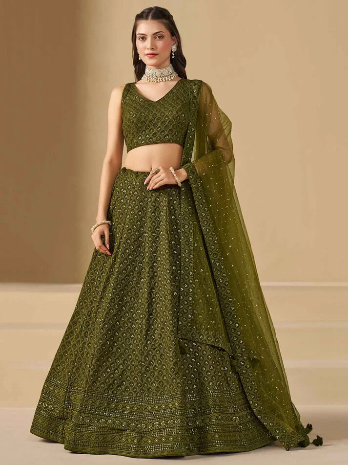 Mehendi Green Designer Lehenga with Sequins Embroidery