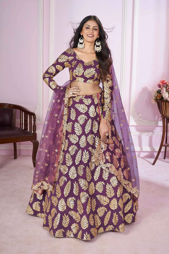 Wine Georgette Lehenga with Sequins & Zari Embroidery