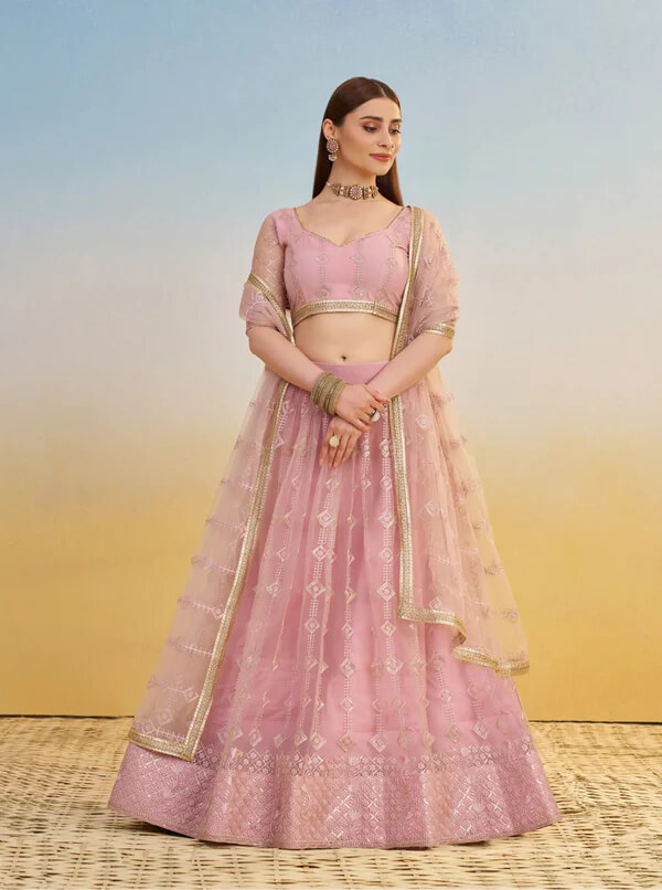 Party Wear Light Pink Net Lehenga Choli with Embroidery