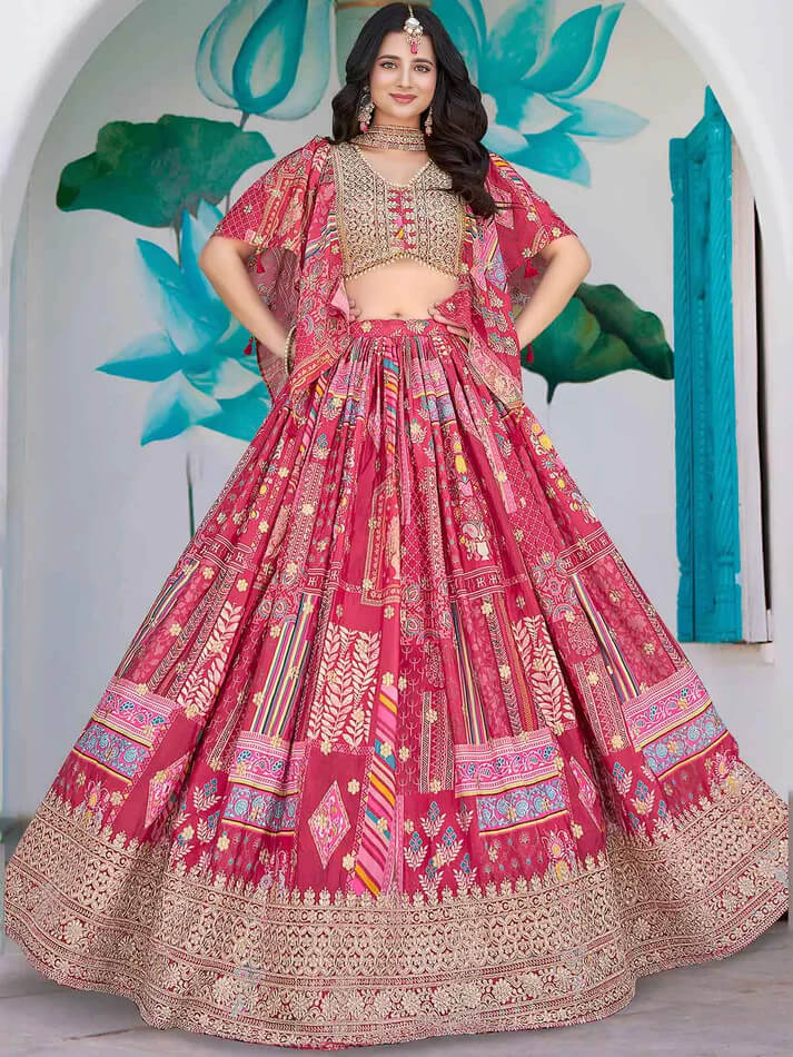 Pink Silk Lehenga with Digital Print & Embroidery
