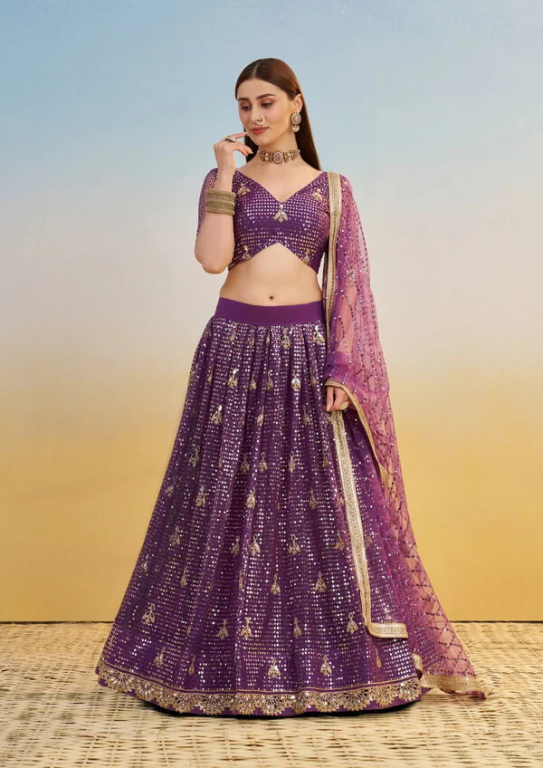 Glamorous Dark Purple Net Lehenga Choli for Weddings