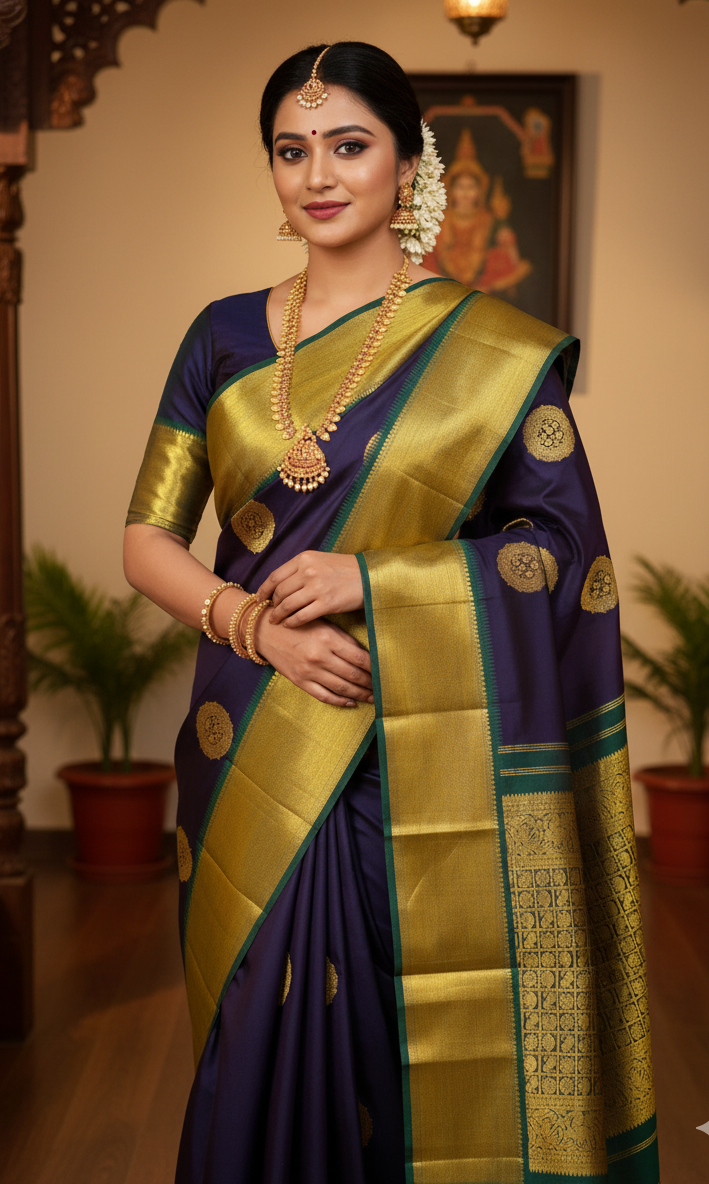 Purple Kanchipuram Handloom 2G Gold Pattu Silk Saree