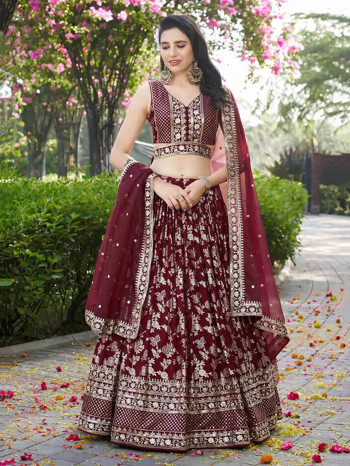 Maroon Jacquard Lehenga with Zari & Sequins Work