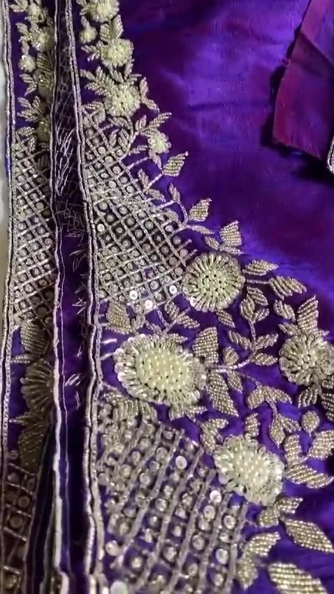 Purple Hand Embroidered Uppada Silk Saree