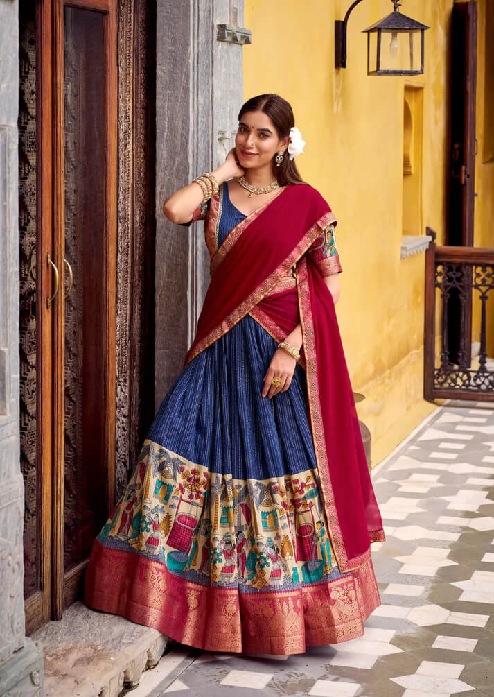 Navy Blue Chanderi Lehenga with Kalamkari & Zari Work