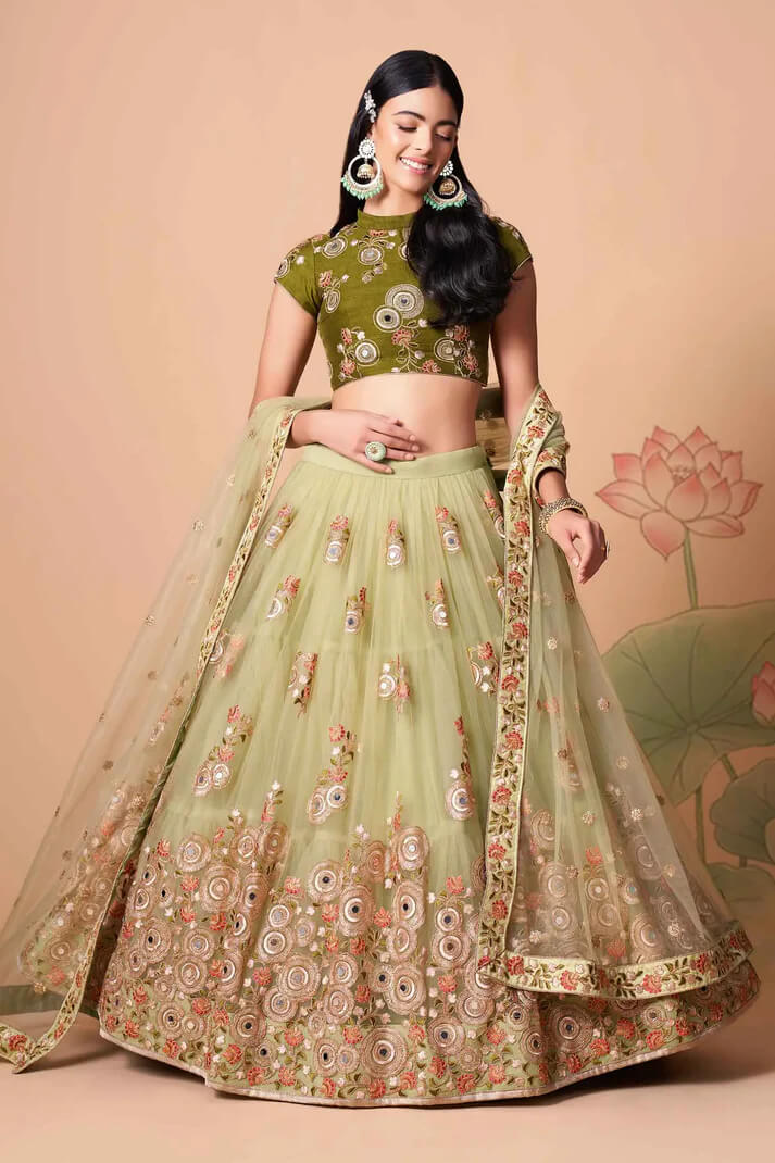Pista Green Net Lehenga with Zari, Sequins & Mirror Work