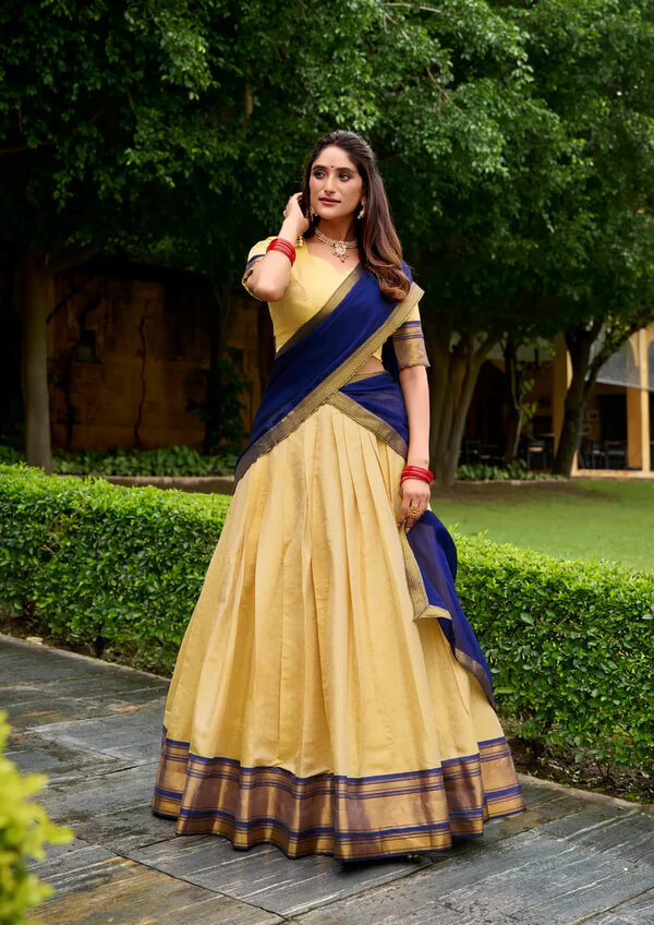 Traditional Zari Weaving Kanchipuram Lehenga in Beige & Blue
