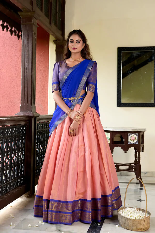 Peach Silk Kanchipuram Lehenga with Zari Weaving Design
