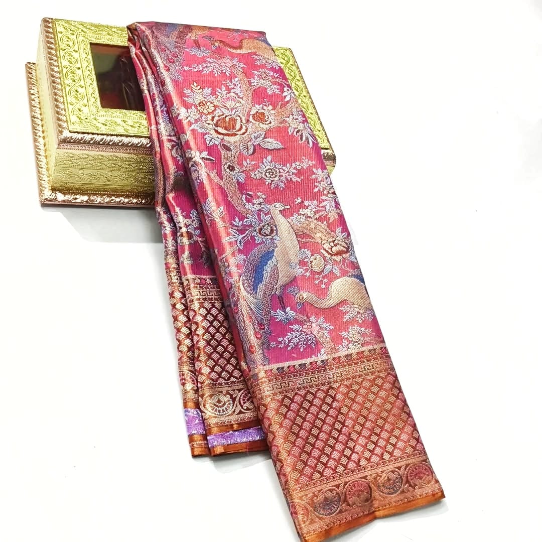 Pink Kanchipuram Handloom Meenakari Tissue Brocade Silk Saree