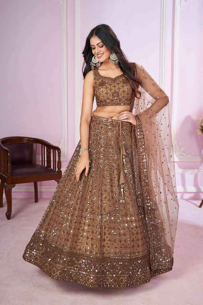 Brown Soft Net Lehenga with Sequins & Thread Embroidery