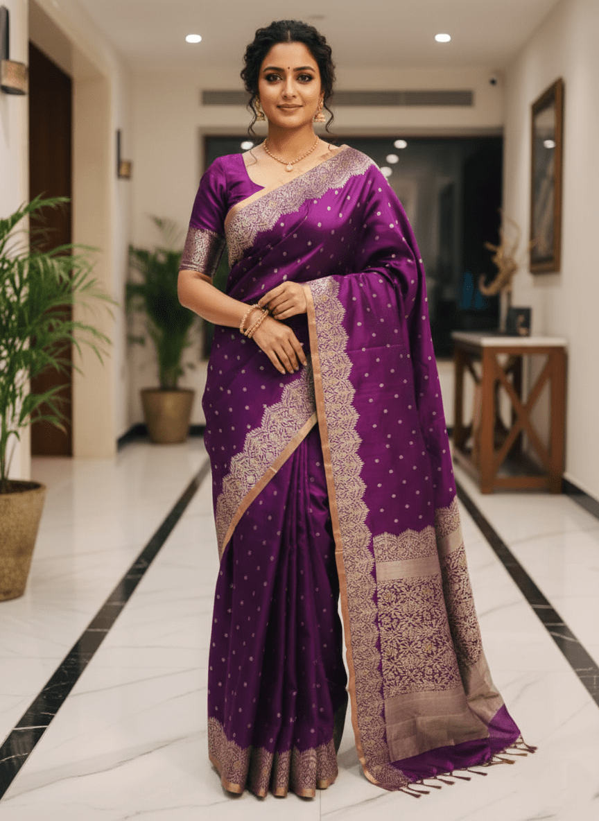 Magenta Chanderi Handloom Pattu Silk Meenakari Handwork Saree