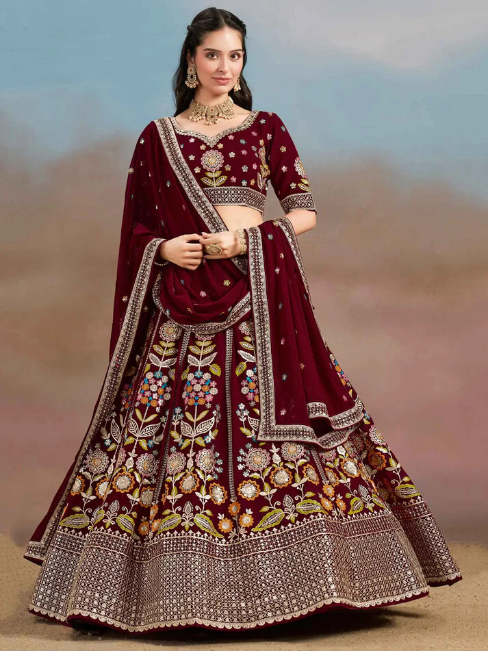 Maroon Georgette Lehenga with Zari & Sequins Work