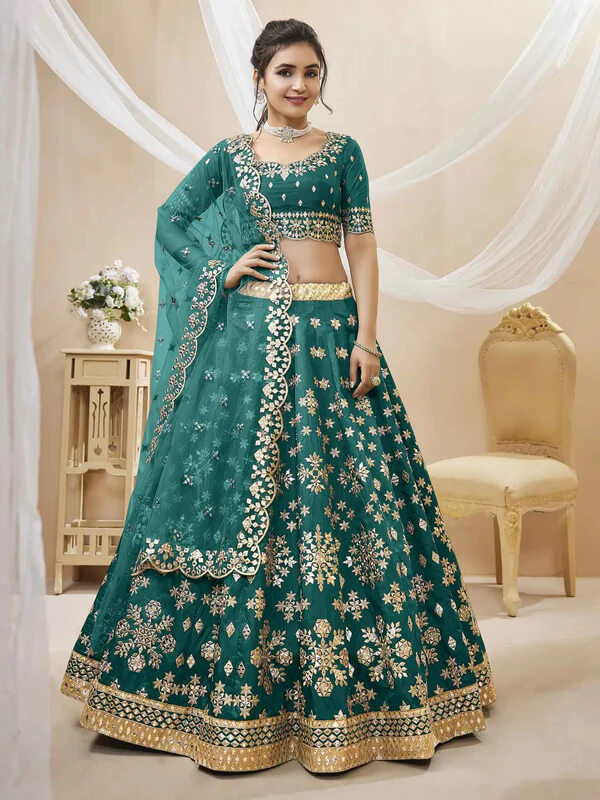 Green Art Silk Lehenga with Sequins & Zari Embroidery