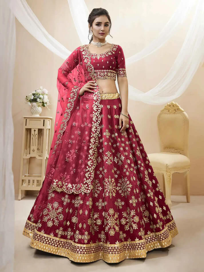 Red Art Silk Lehenga with Sequins & Zari Embroidery