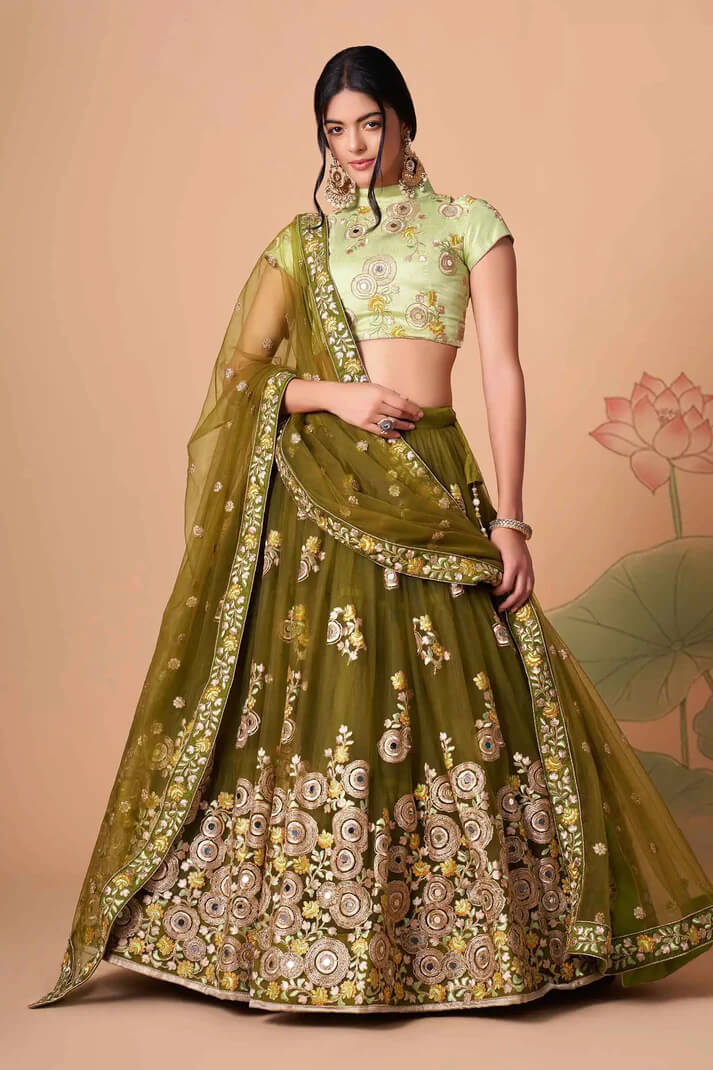 Mehndi Green Net Lehenga with Zari, Sequins & Mirror Work