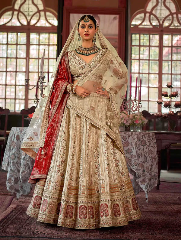 Beige Bridal Silk Lehenga with Heavy Embroidery Work