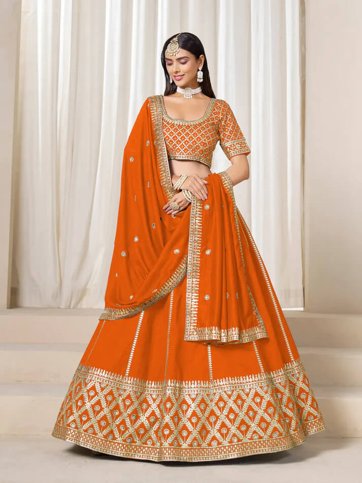 Orange Art Silk Embroidered Lehenga Choli