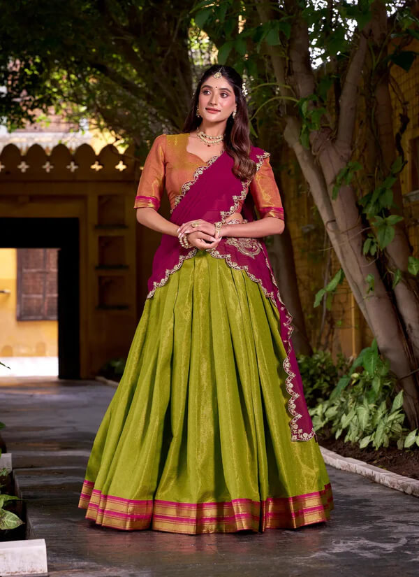 Olive Green Ethnic Lehenga Choli with Kanchipuram Zari Work
