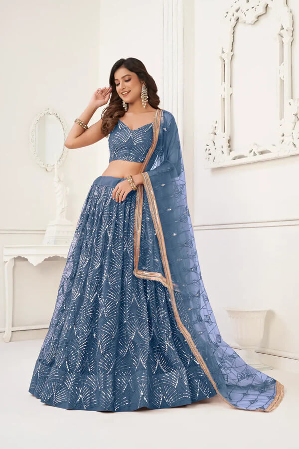 Designer Teal Blue Thread & Mirror Lehenga