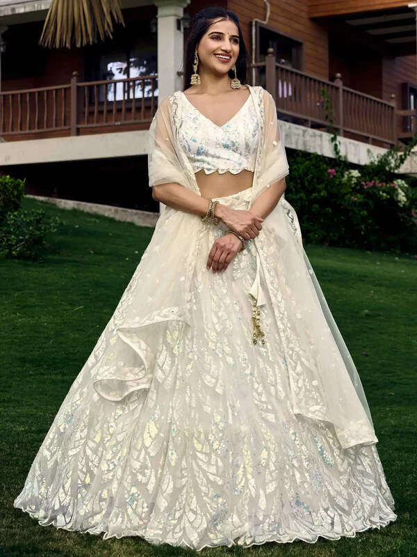 White Soft Net Lehenga with Sequins & Thread Work