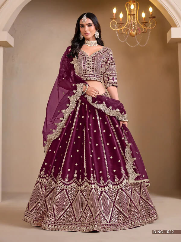Wine Berry Art Silk Lehenga Choli with Thread & Sequins Work
