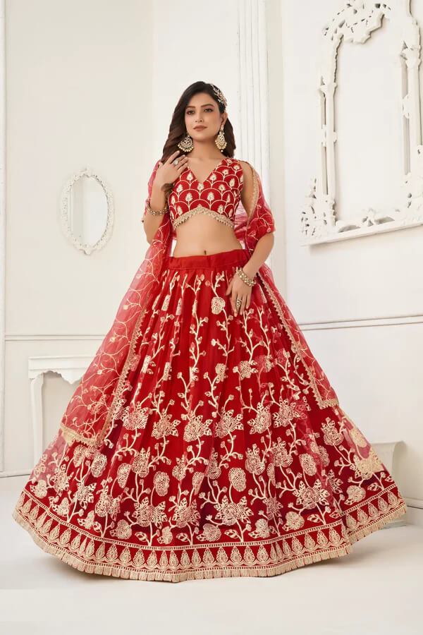 Red Designer Embroidered Lehenga Choli