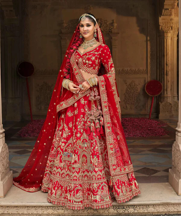 Designer Red Bridal Lehenga with Khatli Embroidery & Two Dupattas