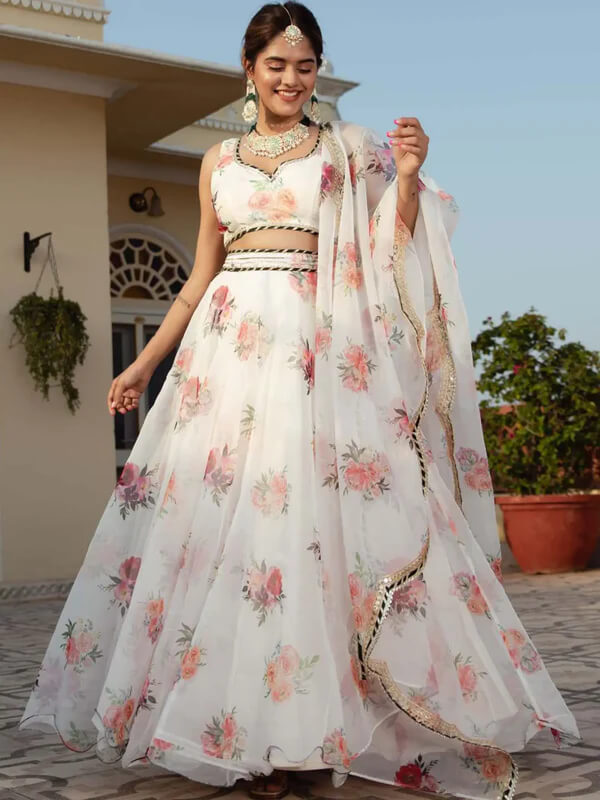 White Organza Lehenga with Floral Print & Embroidery
