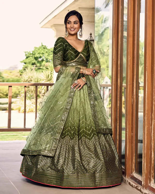 Dark & Light Green Lehenga Choli with Thread & Sequins Work