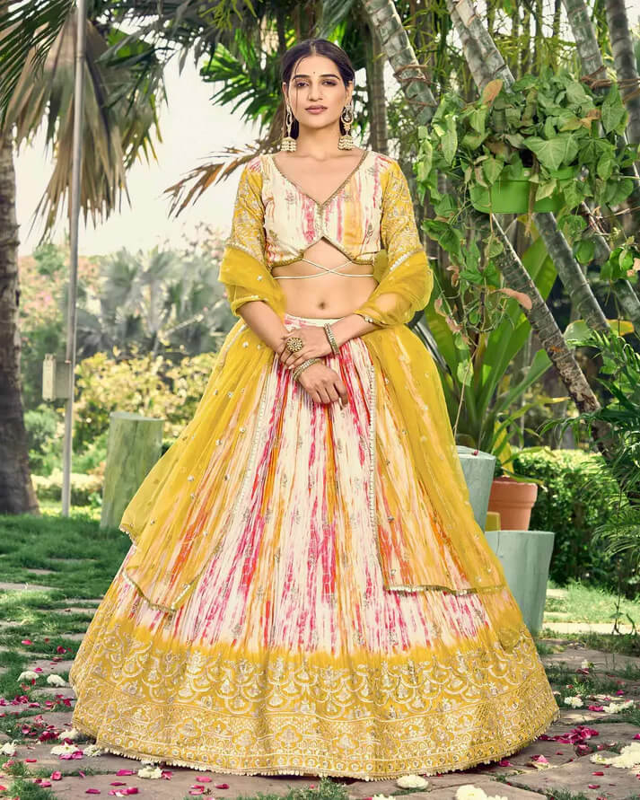 Lightning Yellow Lehenga with Sequins, Zari & Digital Print