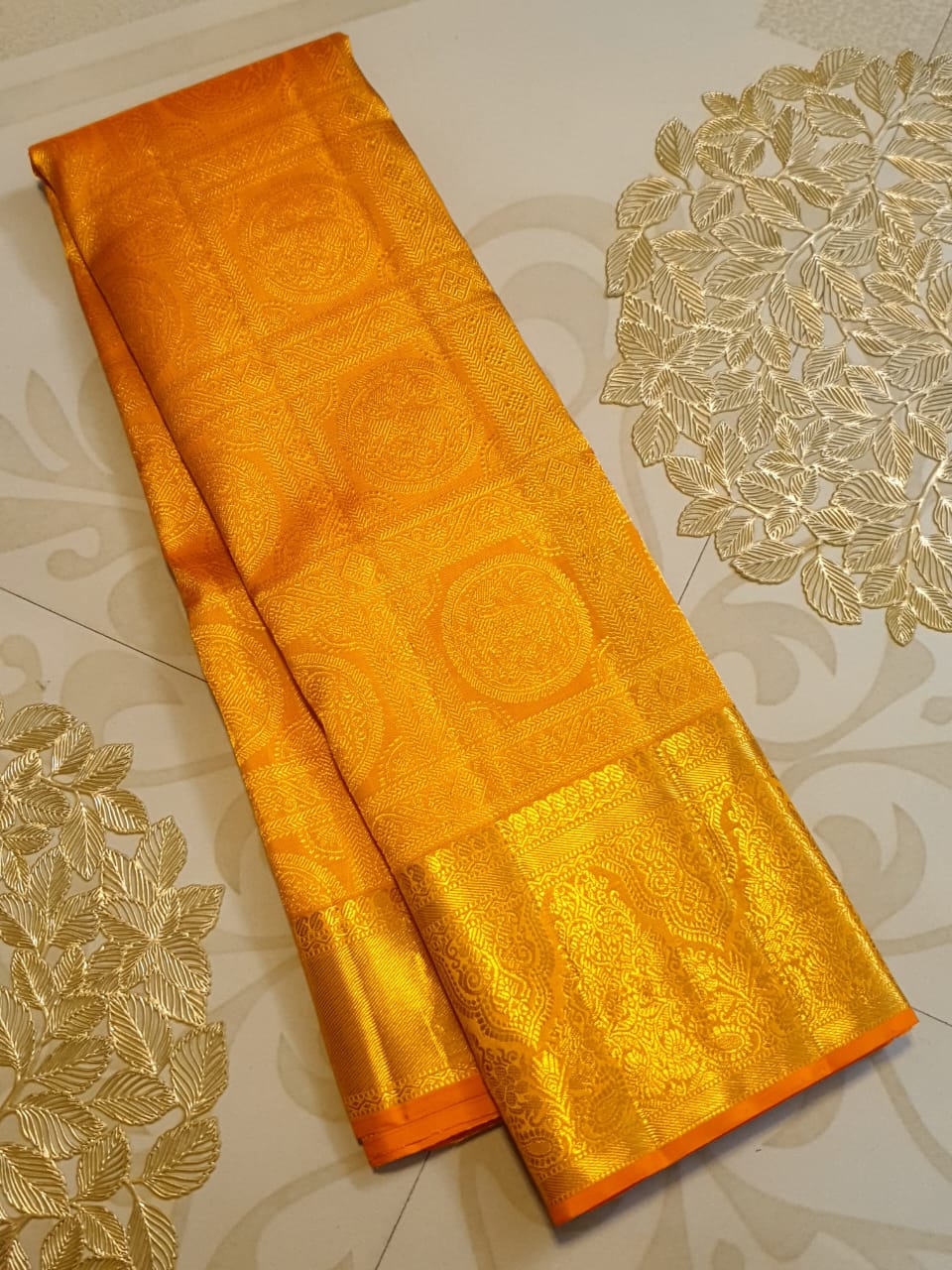 Saffron Kanchipuram Handloom 2G Gold Pattu Silk Saree