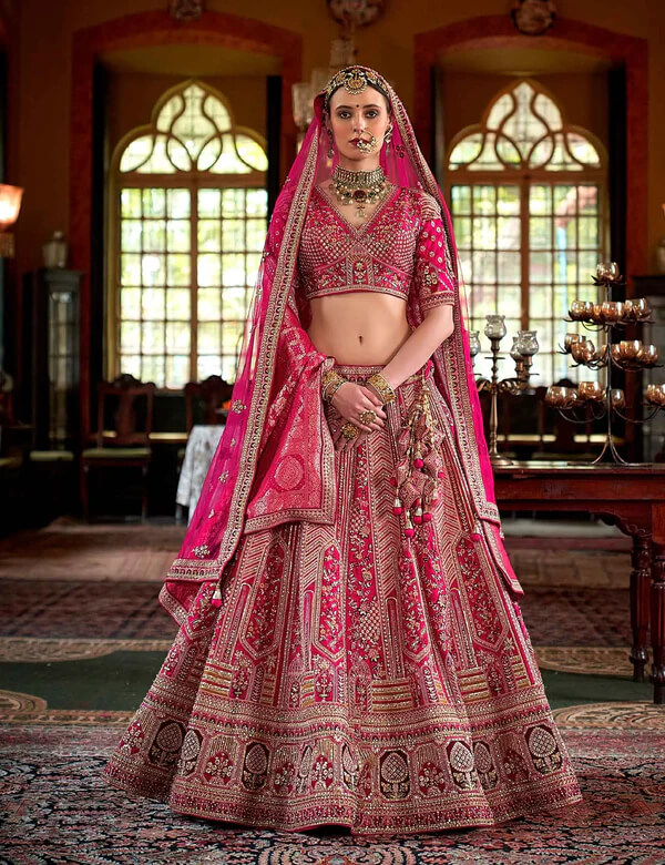 Elegant Pink Bridal Ensemble with Pearls & Sequins