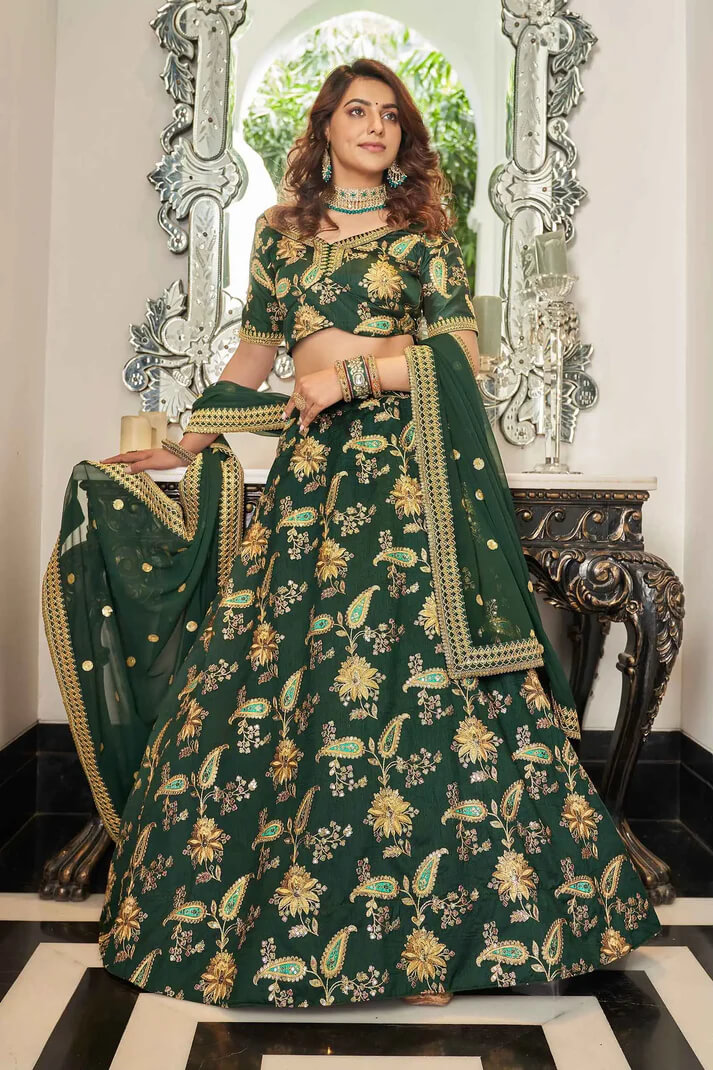 Green Art Silk Lehenga with Zari, Sequins & Dori Work