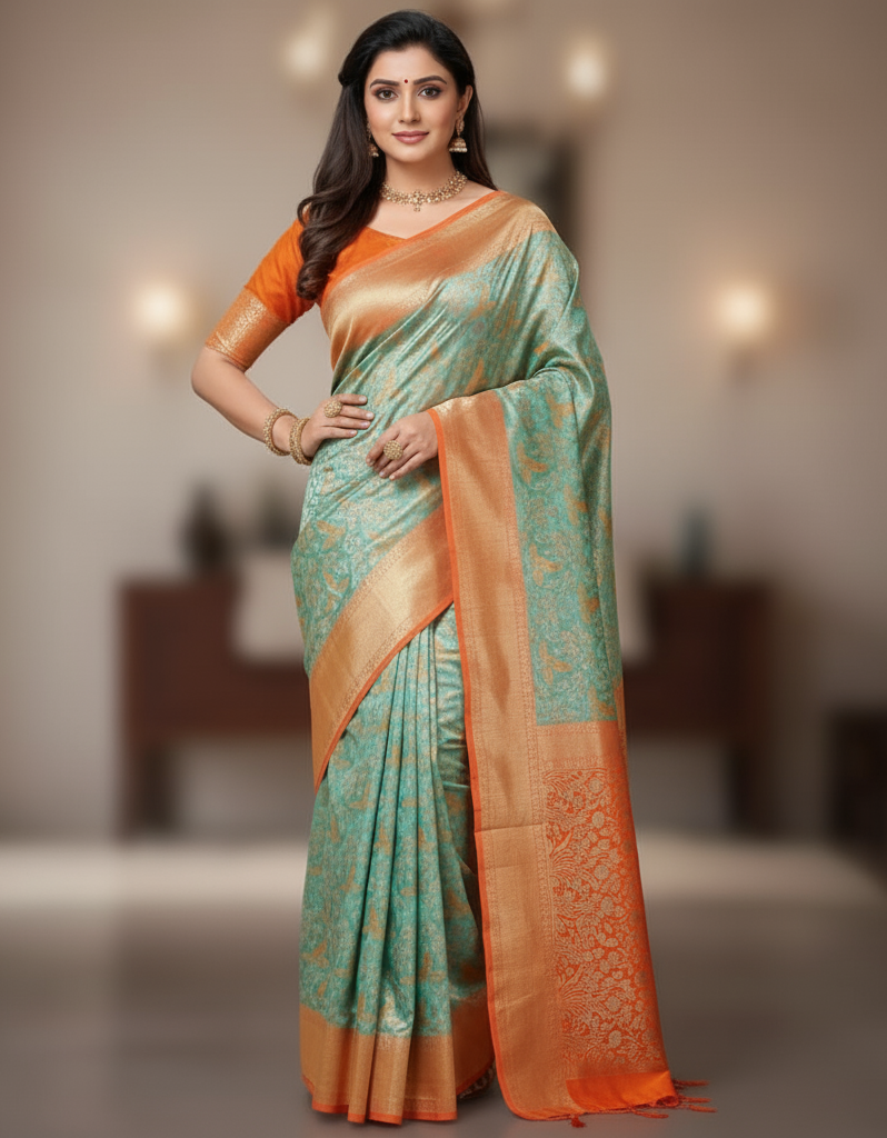 Sea Green Kanchipuram Handloom Tissue Brocade 1G Gold Bridal Saree