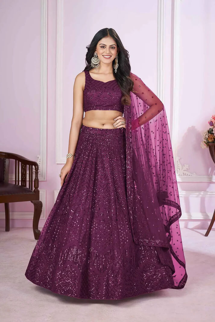 Wine Soft Net Lehenga with Sequins & Thread Embroidery