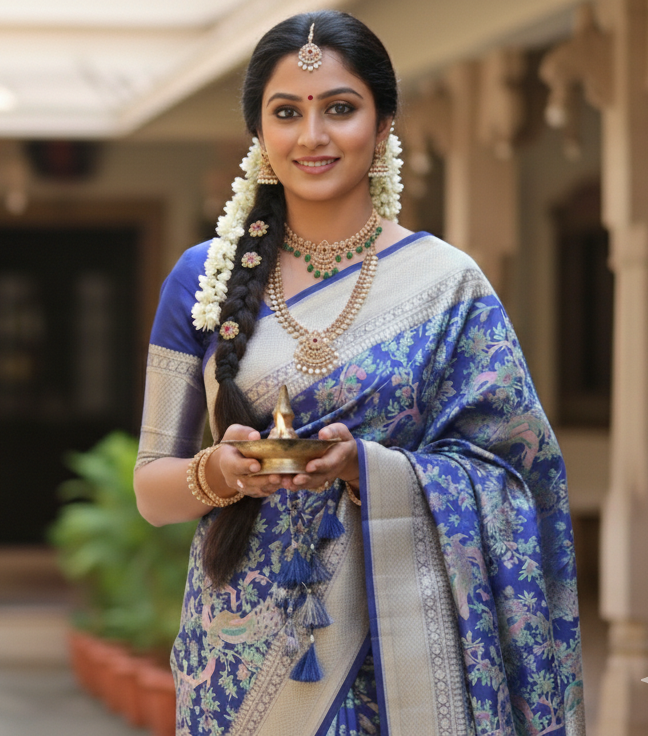 Azure Blue Kanchipuram Handloom Tissue Brocade 1G Gold Bridal Saree