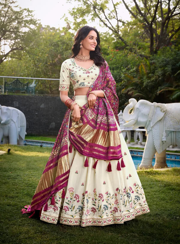 Elegant Off White Khadi Cotton Lehenga Choli with Magenta Pink Dupatta