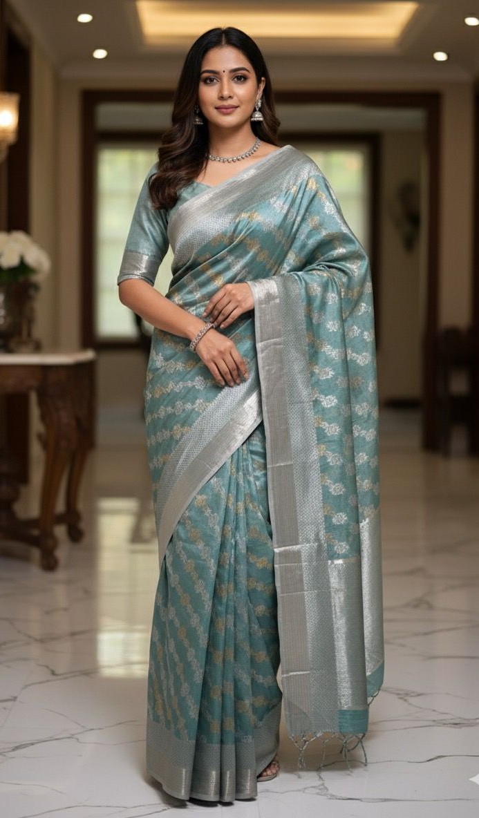 Steel Blue Chanderi Handloom Pattu Silk Handwork Saree