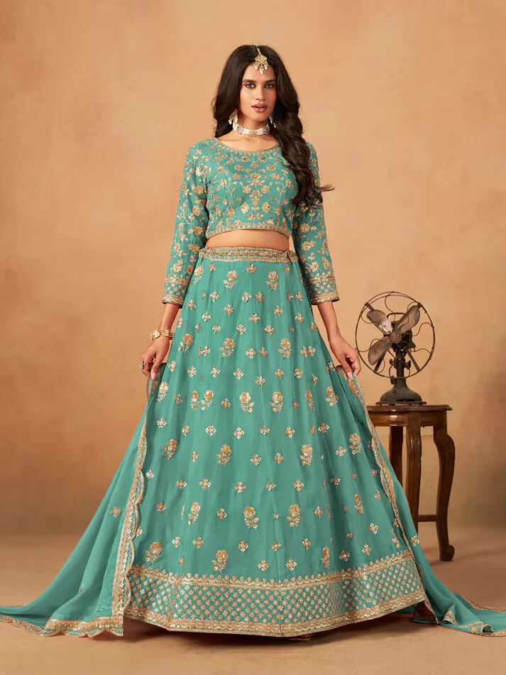 Aqua Blue Organza Lehenga with Embroidery Work