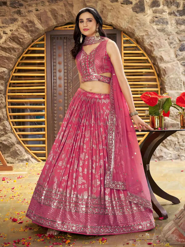 Peach Jacquard Lehenga with Zari & Sequins Work