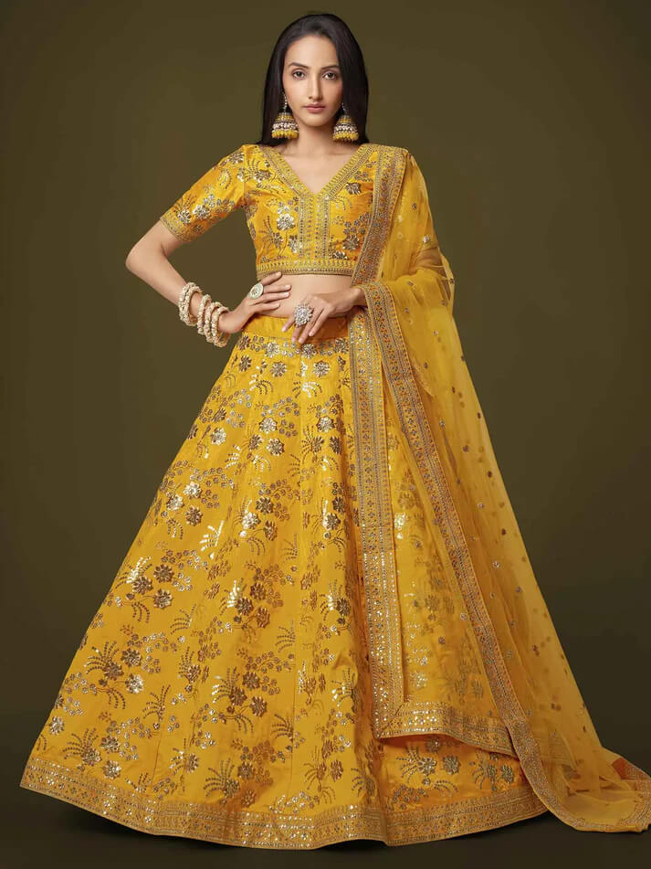 Yellow Silk Lehenga with Zari, Sequins & Dori Work