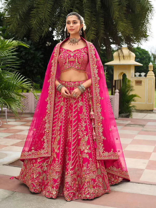 Elegant Raspberry Bridal Ensemble with Double Dupatta