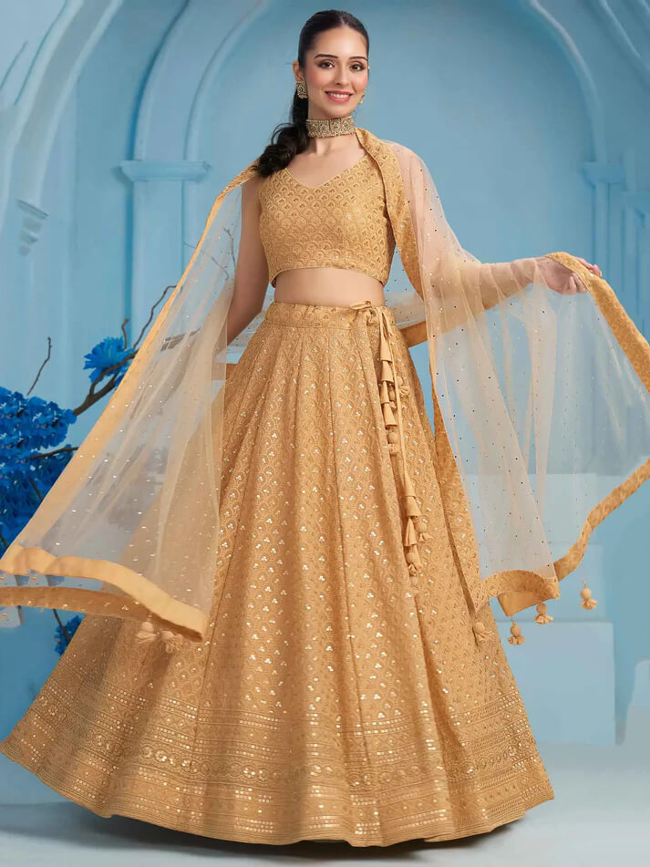 Beige Party Wear Lehenga with Sequins & Embroidery