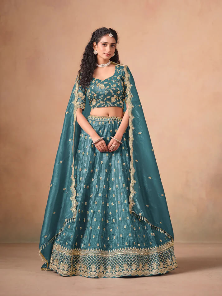 Teal Blue Organza Lehenga with Embroidery Work
