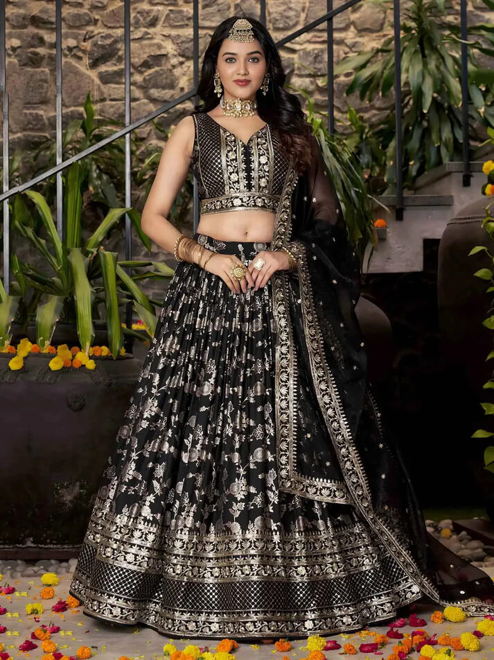 Black Jacquard Lehenga with Zari & Sequins Work