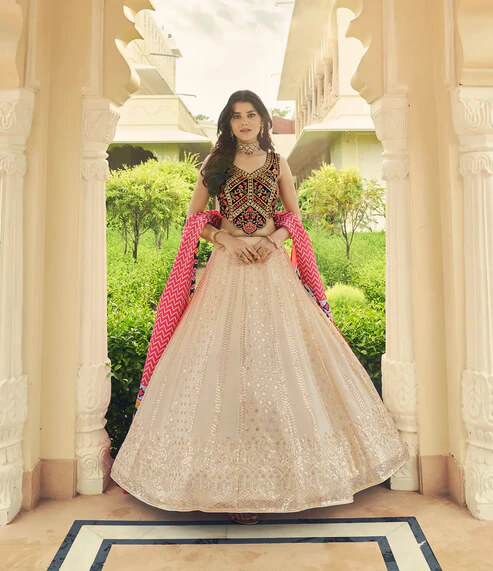 Designer Beige Lehenga Choli with Sequins & Thread Embroidery