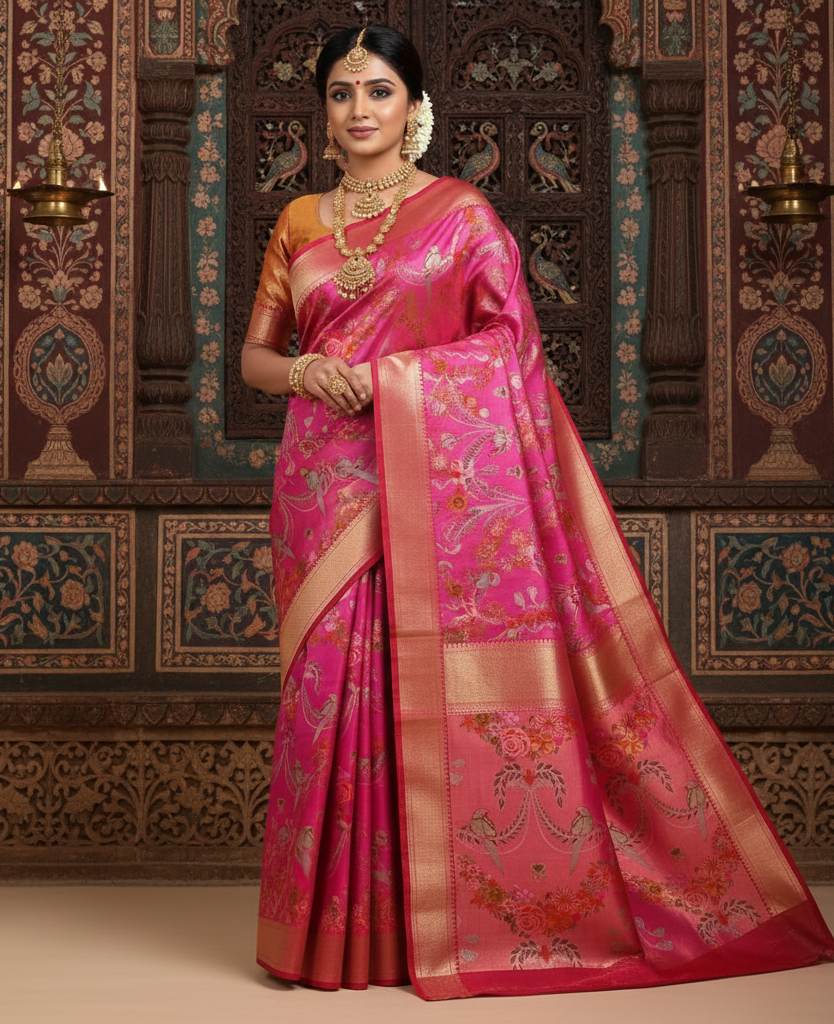 Hot Pink Kanchipuram Handloom Tissue Brocade 4D Weaving Silk Saree
